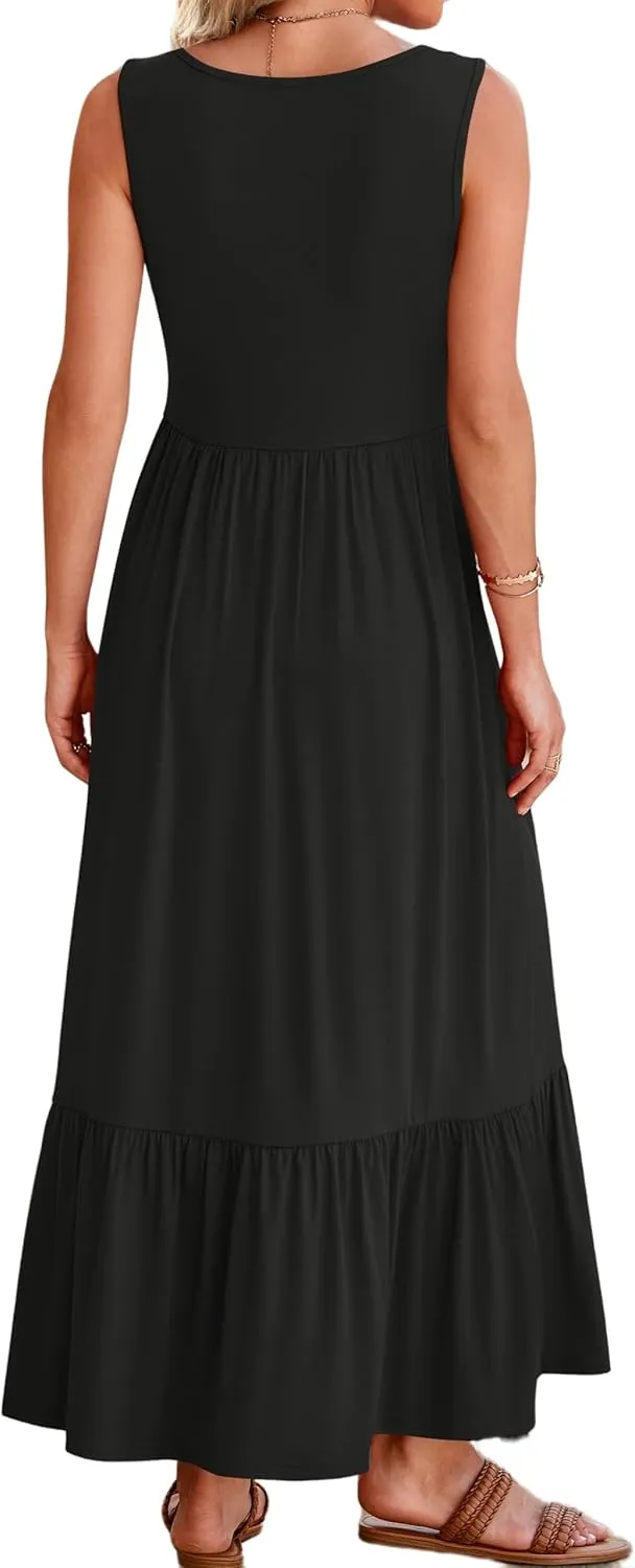 Women's Summer Sleeveless Dress Casual Loose Plain Maxi Sundress Square Neck Pleated Swing Long Dresses Travel Outfits
