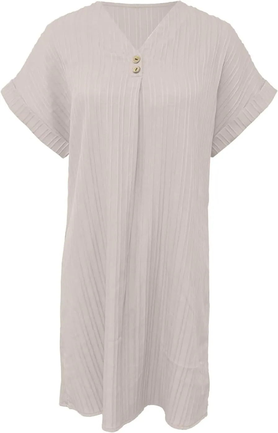 Women's Summer Sundress Short Sleeve V Neck Pullover Midi Dresses Button Down Shirts Skirts Travel Vacation Outfits