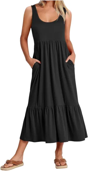Women's Summer Vest Dress U Neck Sleeveless Maxi Skirt Dresses Tiered A Line Ruffle High Waisted Flowy Beach Dress