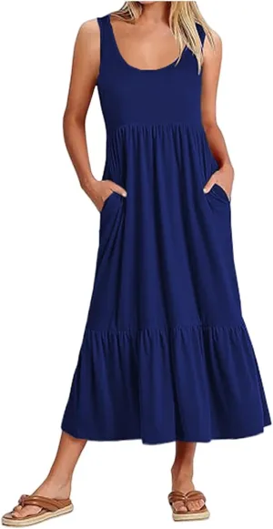 Women's Summer Vest Dress U Neck Sleeveless Maxi Skirt Dresses Tiered A Line Ruffle High Waisted Flowy Beach Dress
