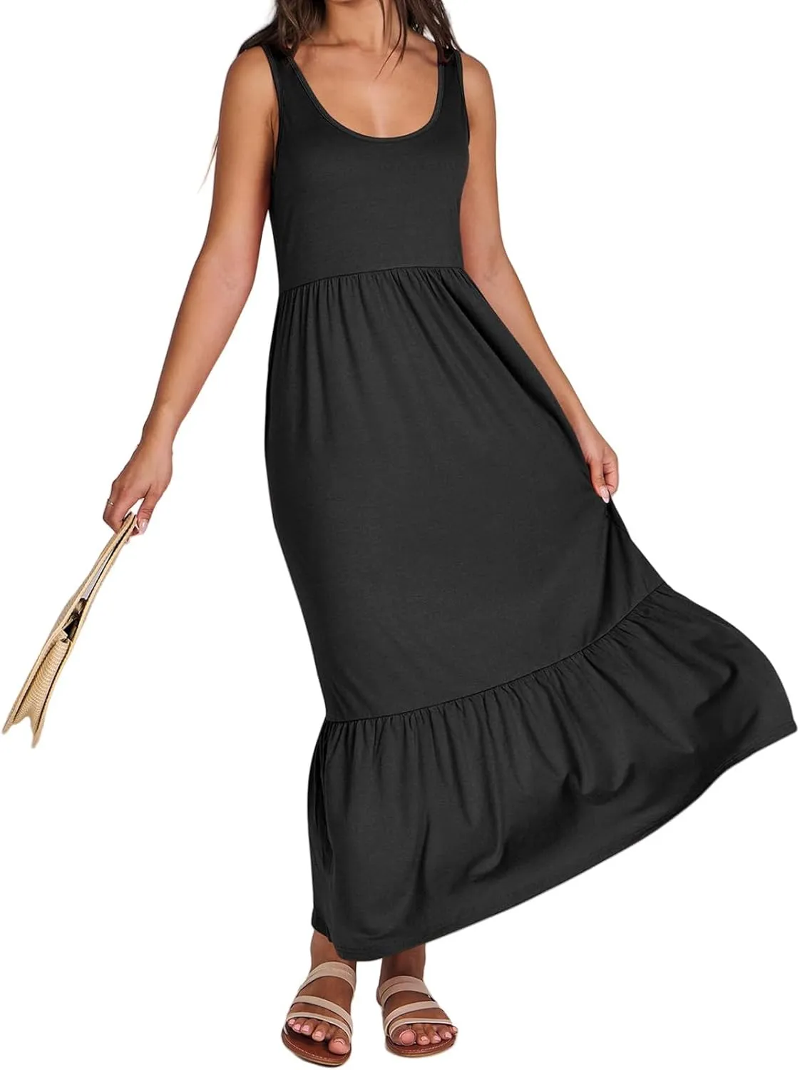 Women's Summer Vest Dress U Neck Sleeveless Maxi Skirt Dresses Tiered A Line Ruffle High Waisted Flowy Beach Dress