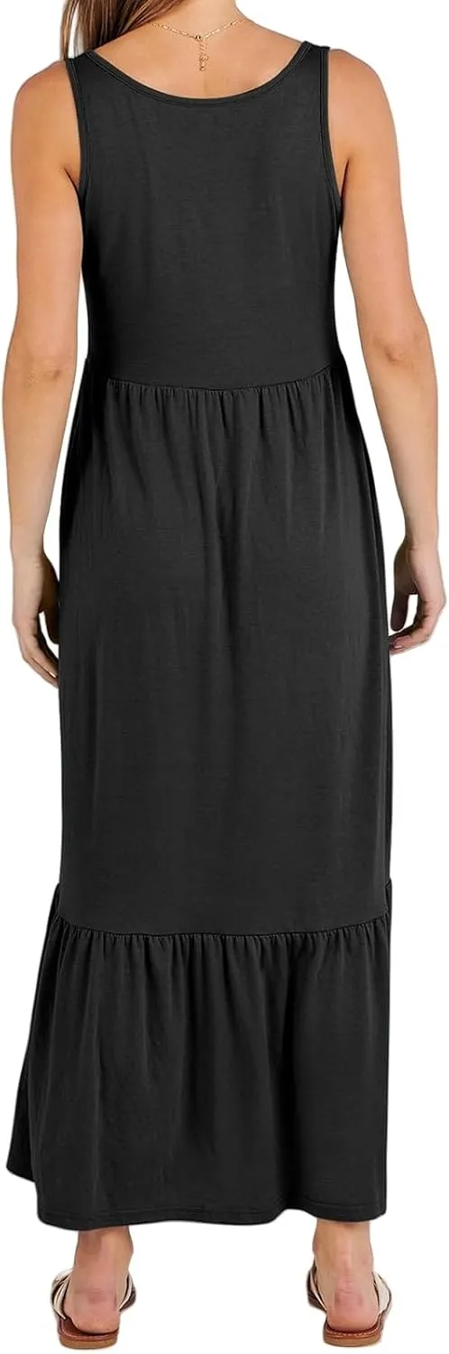 Women's Summer Vest Dress U Neck Sleeveless Maxi Skirt Dresses Tiered A Line Ruffle High Waisted Flowy Beach Dress