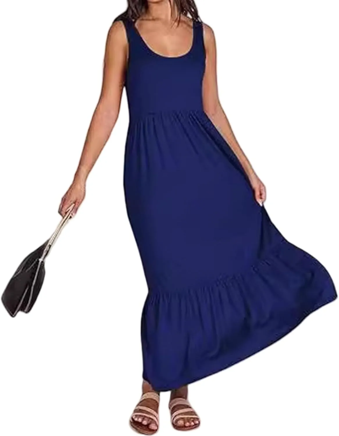 Women's Summer Vest Dress U Neck Sleeveless Maxi Skirt Dresses Tiered A Line Ruffle High Waisted Flowy Beach Dress