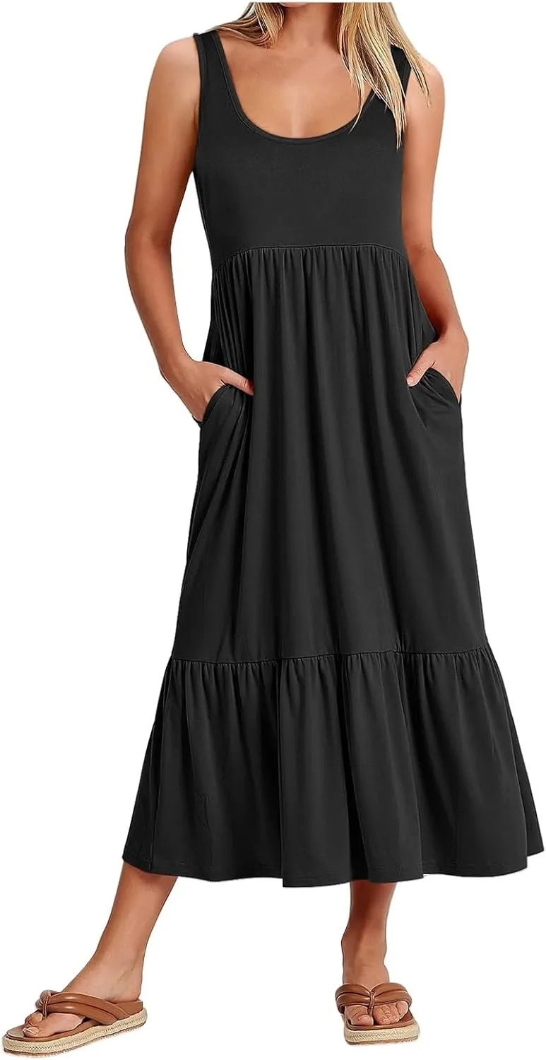 Women's Summer Vest Dress U Neck Sleeveless Maxi Skirt Dresses Tiered A Line Ruffle High Waisted Flowy Beach Dress