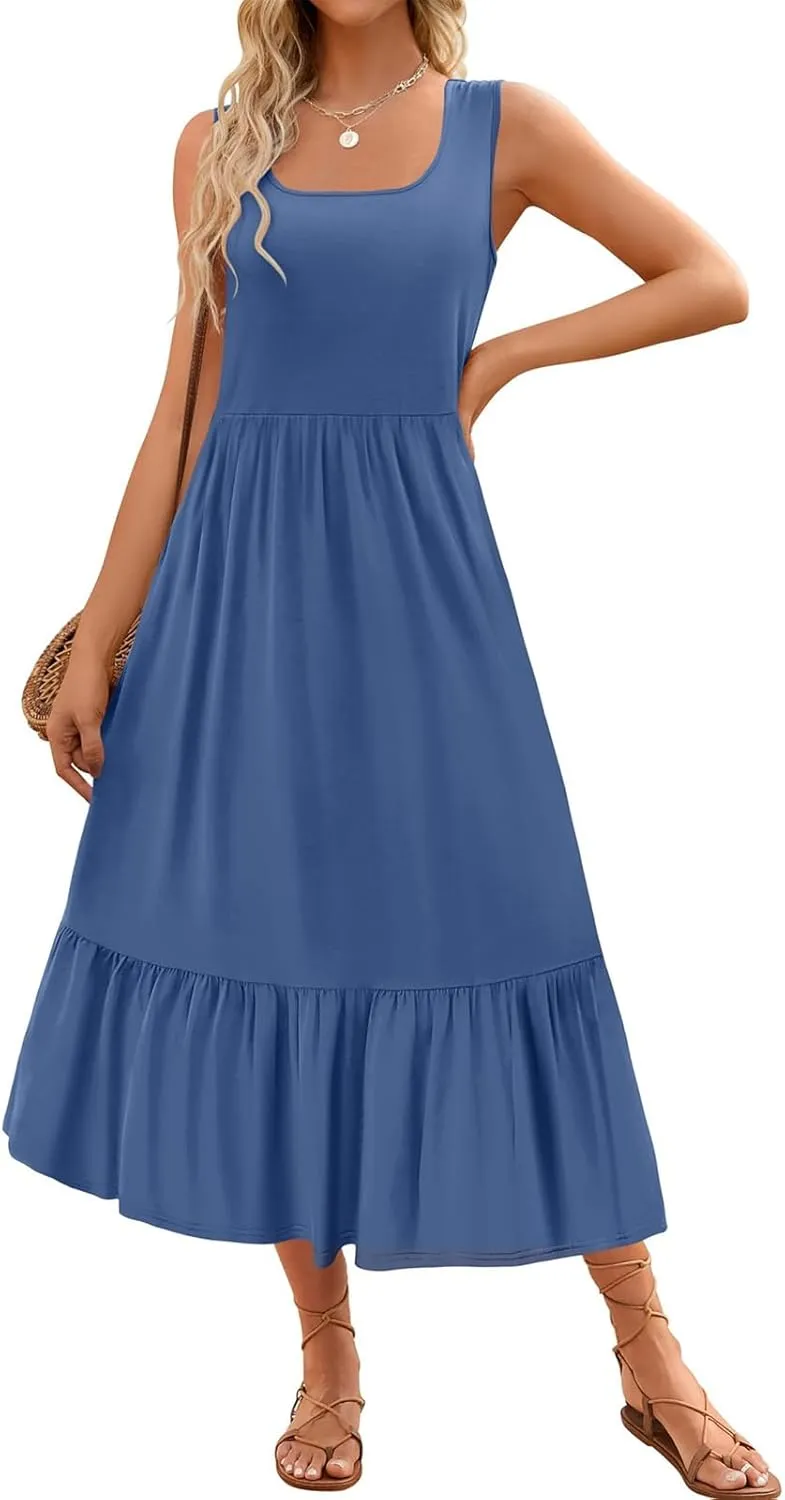 Women's Tank Dress Sleeveless Square Neck Tunic Dress Ruffle Tiered Maxi Dresses Summer Beach Vacation Sundress 2025