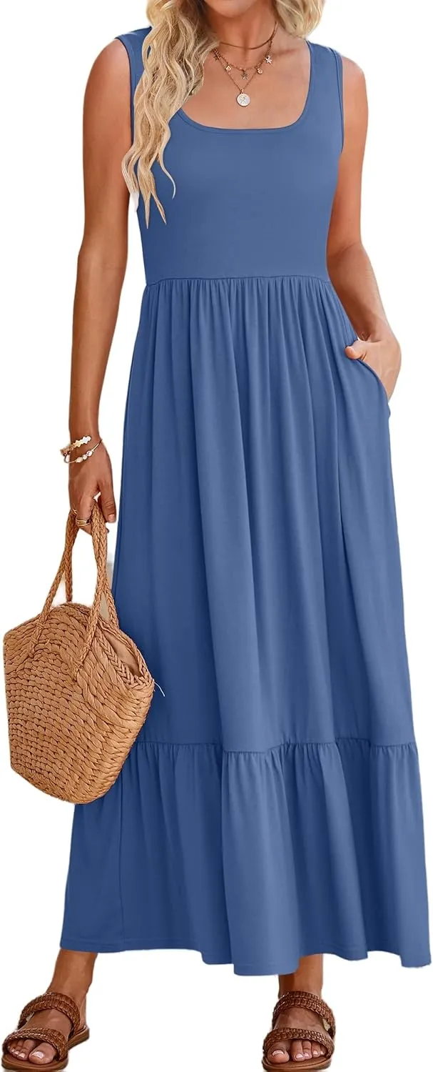 Women's Tank Dress Sleeveless Square Neck Tunic Dress Ruffle Tiered Maxi Dresses Summer Beach Vacation Sundress 2025