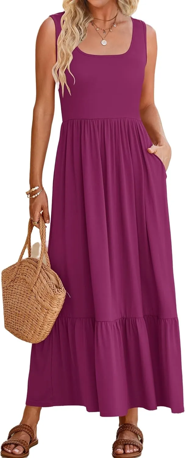 Women's Tank Dress Sleeveless Square Neck Tunic Dress Ruffle Tiered Maxi Dresses Summer Beach Vacation Sundress 2025