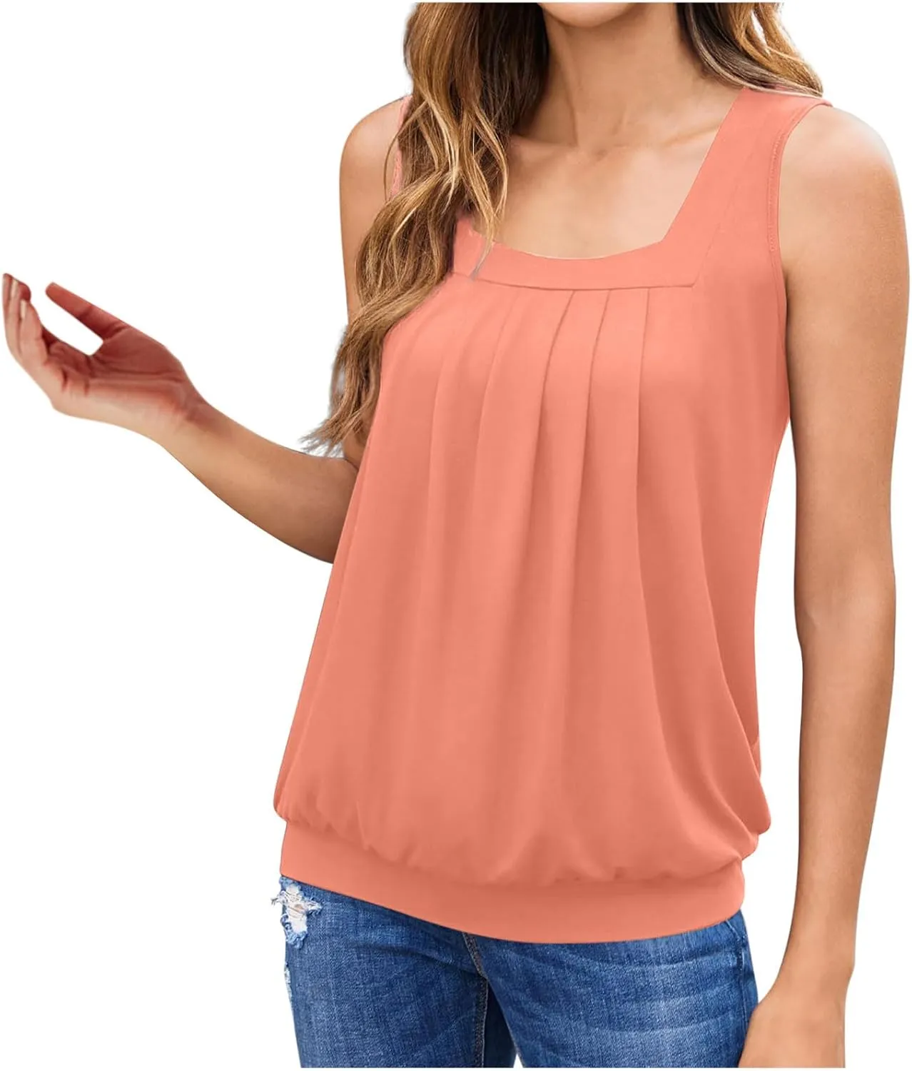 Womens Tank Tops Summer Square Neck Pleated Sleeveless Top Casual Loose Fit Basic Shirts Ladies Flowy Blouse