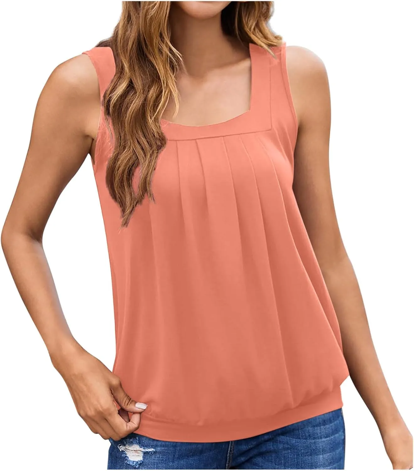 Womens Tank Tops Summer Square Neck Pleated Sleeveless Top Casual Loose Fit Basic Shirts Ladies Flowy Blouse