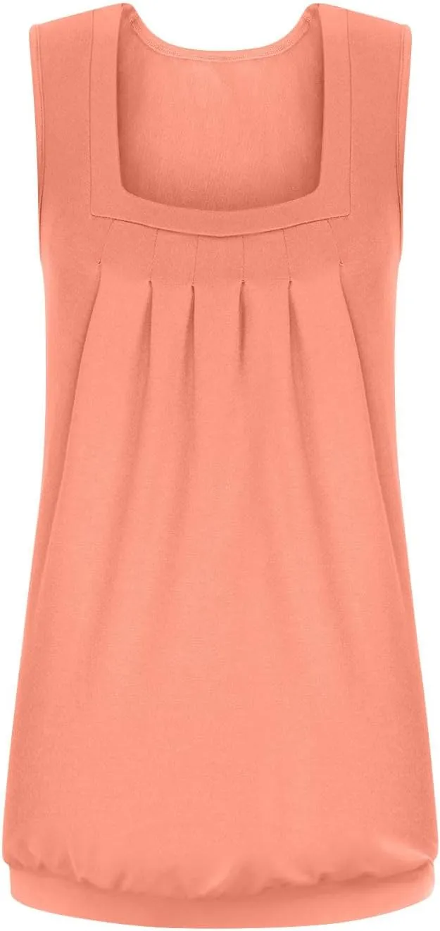 Womens Tank Tops Summer Square Neck Pleated Sleeveless Top Casual Loose Fit Basic Shirts Ladies Flowy Blouse