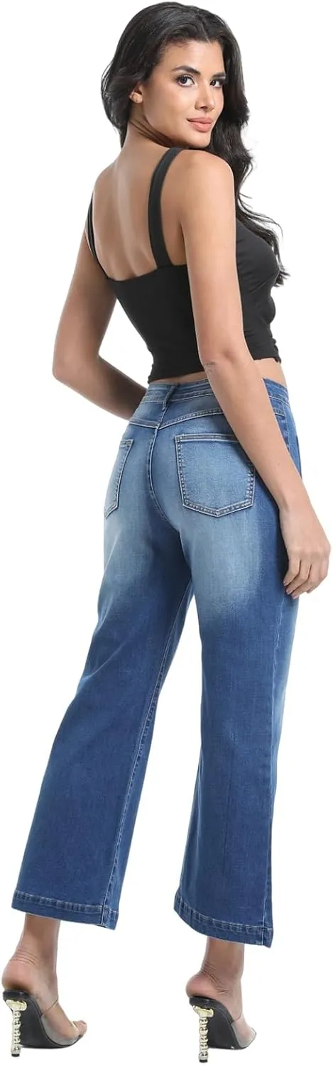 Women’s Wide Leg Petite Jeans High Waisted Stretchy Cropped Flare Jeans with Patch Pockets