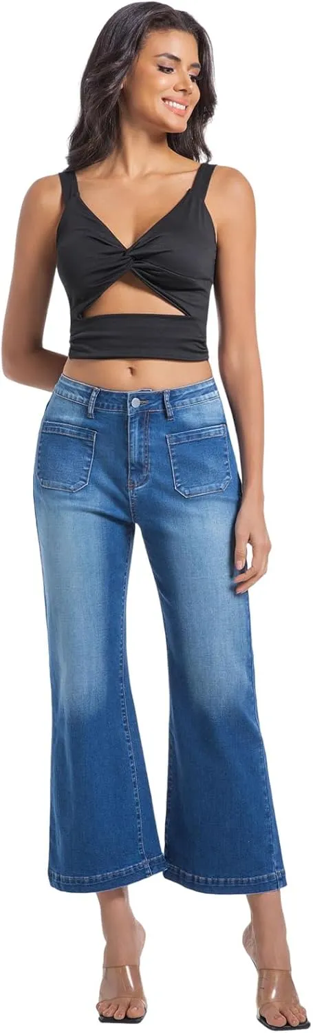 Women’s Wide Leg Petite Jeans High Waisted Stretchy Cropped Flare Jeans with Patch Pockets