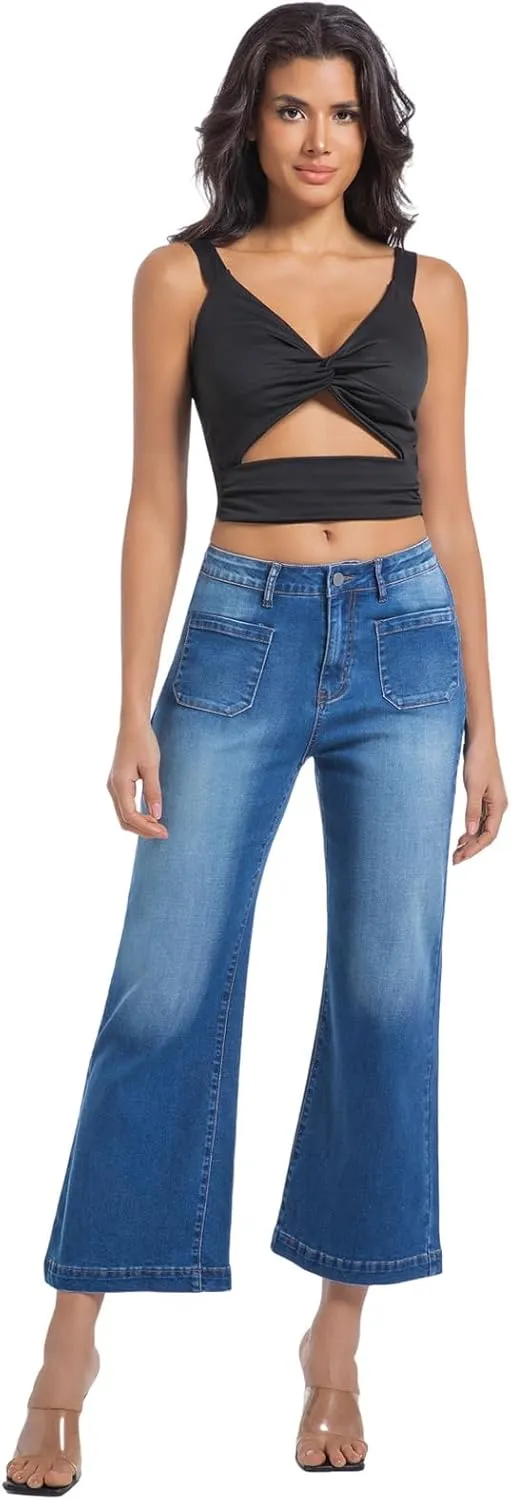 Women’s Wide Leg Petite Jeans High Waisted Stretchy Cropped Flare Jeans with Patch Pockets