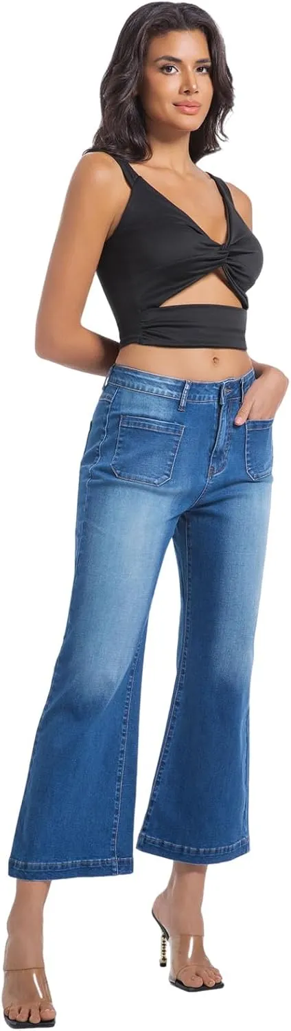 Women’s Wide Leg Petite Jeans High Waisted Stretchy Cropped Flare Jeans with Patch Pockets
