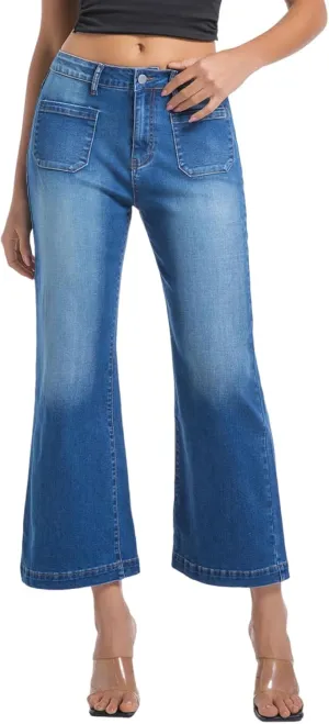 Women’s Wide Leg Petite Jeans High Waisted Stretchy Cropped Flare Jeans with Patch Pockets