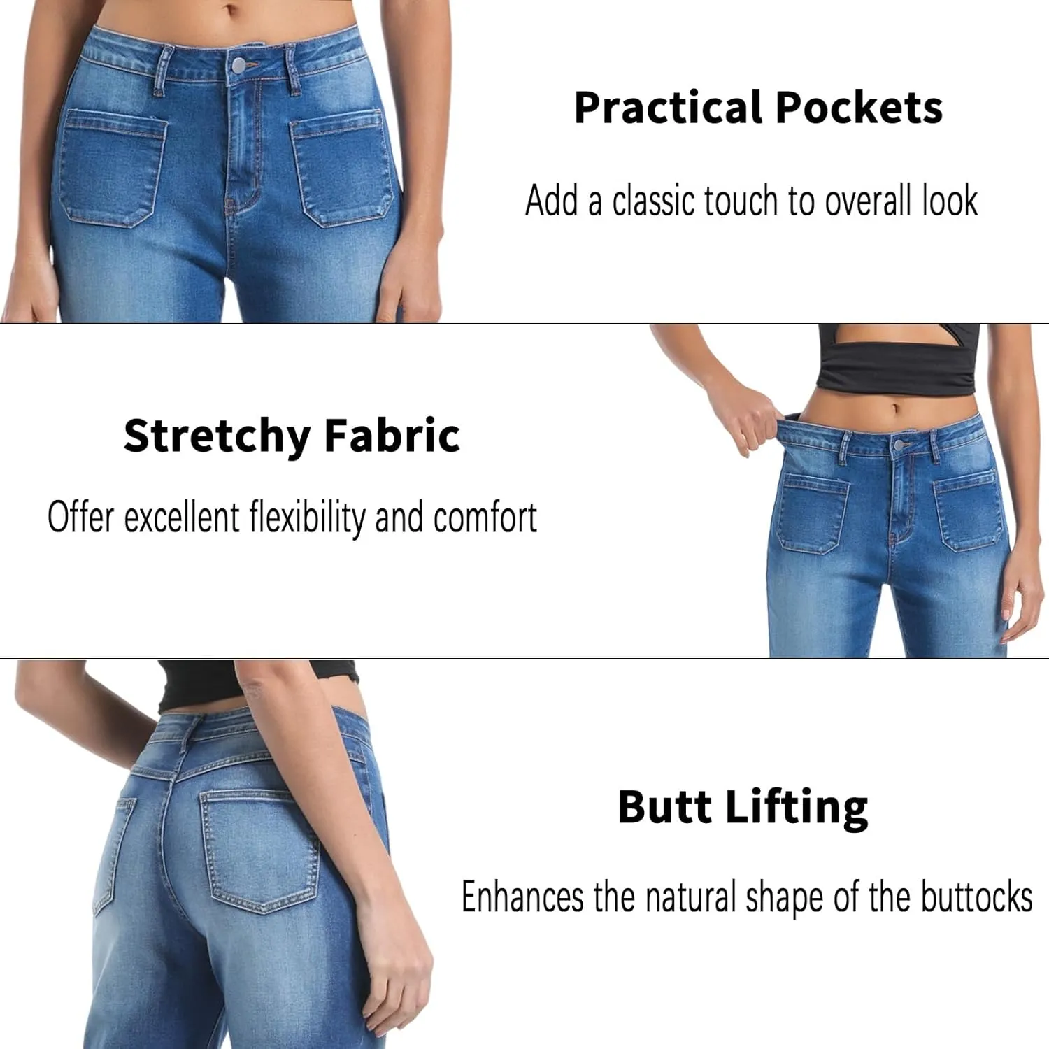 Women’s Wide Leg Petite Jeans High Waisted Stretchy Cropped Flare Jeans with Patch Pockets