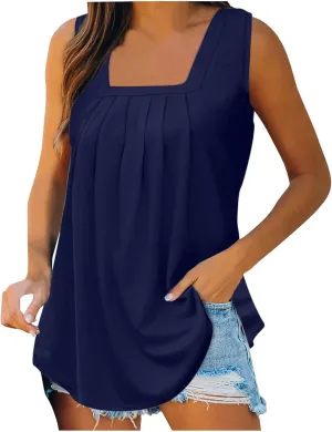 Womne's Summer Sleeveless Square Neck Tank Tops, Flowy Pleated Tunic Shirts for Women, Ladies Loose Fit Tshirt