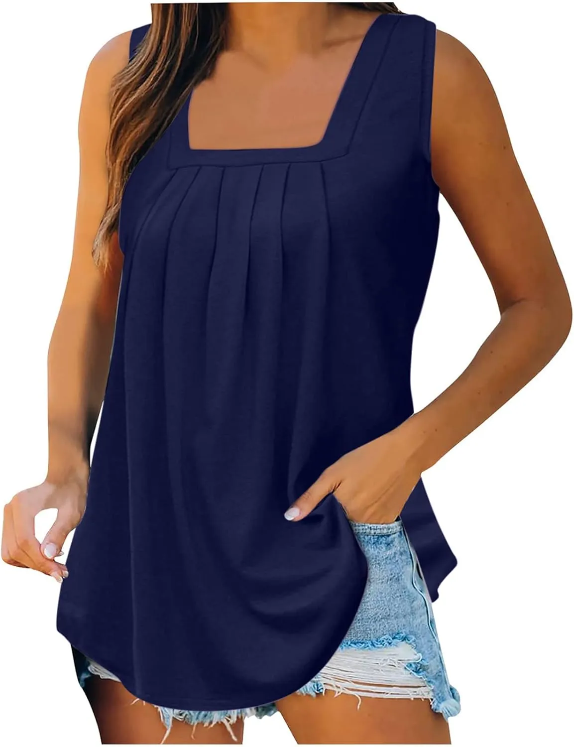 Womne's Summer Sleeveless Square Neck Tank Tops, Flowy Pleated Tunic Shirts for Women, Ladies Loose Fit Tshirt