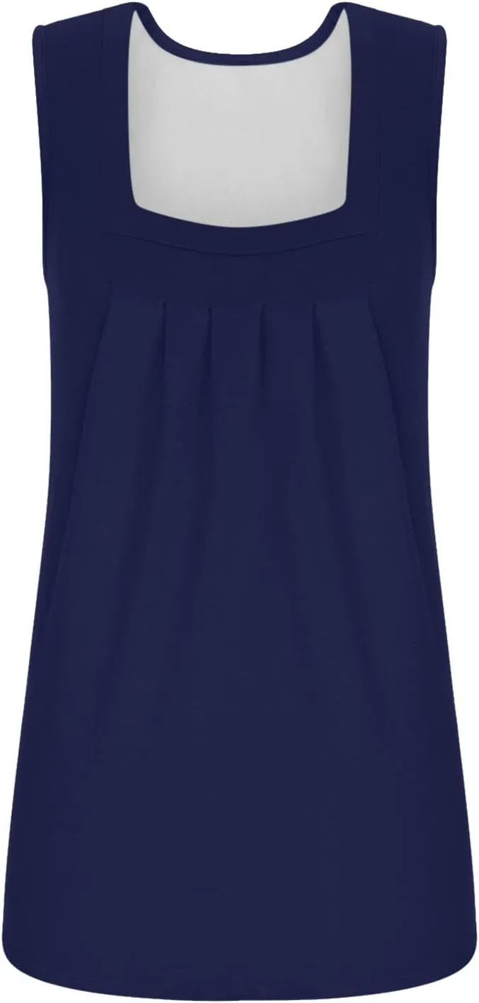 Womne's Summer Sleeveless Square Neck Tank Tops, Flowy Pleated Tunic Shirts for Women, Ladies Loose Fit Tshirt