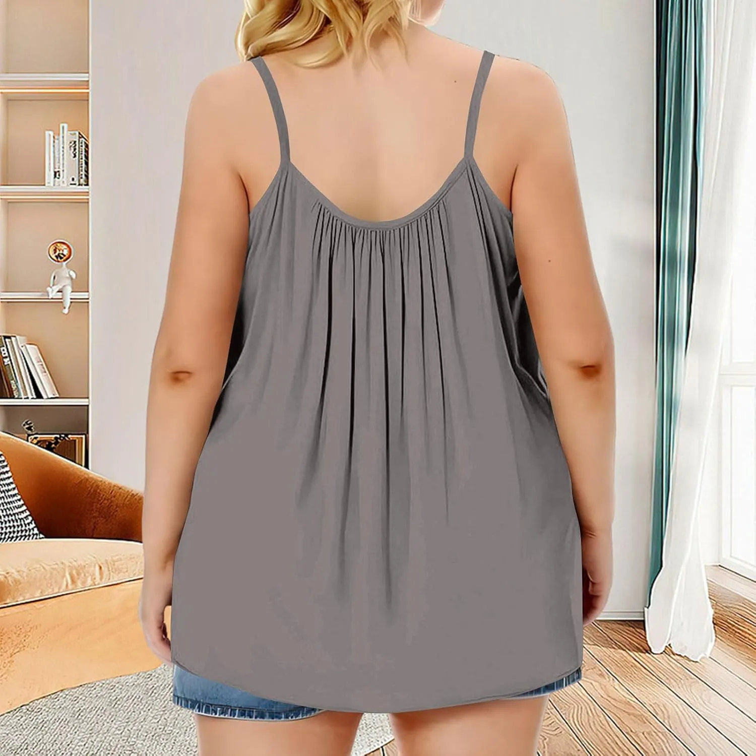 Xiaojmake Plus Size Tank Tops for Women Solid Pleated Loose Cami Spaghetti Strap Flowy Tunics Adjustable Strappy Loose Shirt