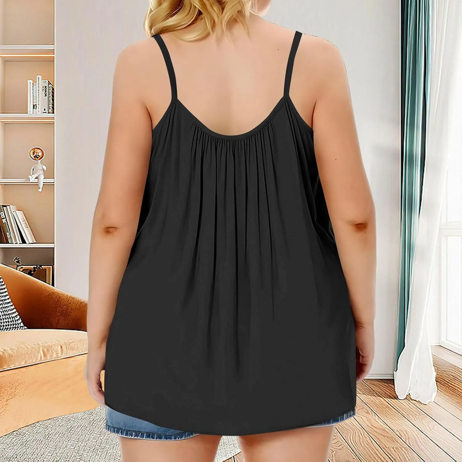 Xiaojmake Plus Size Tank Tops for Women Solid Pleated Loose Cami Spaghetti Strap Flowy Tunics Adjustable Strappy Loose Shirt