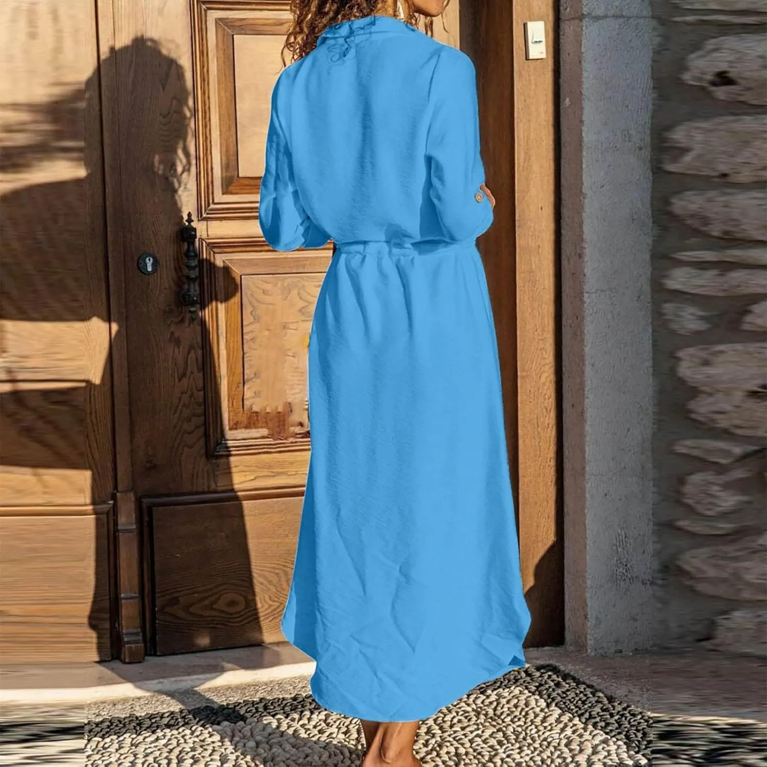 XOWRTE Linen Shirt Dresses for Women Down Drawstring Causal Dress Plain Long Maxi Dresses Trendy Casual Dresses