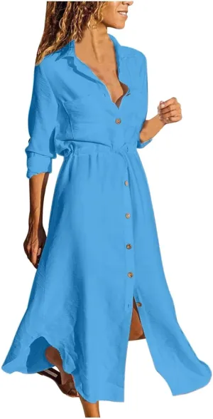 XOWRTE Linen Shirt Dresses for Women Down Drawstring Causal Dress Plain Long Maxi Dresses Trendy Casual Dresses