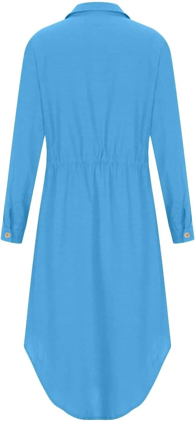 XOWRTE Linen Shirt Dresses for Women Down Drawstring Causal Dress Plain Long Maxi Dresses Trendy Casual Dresses