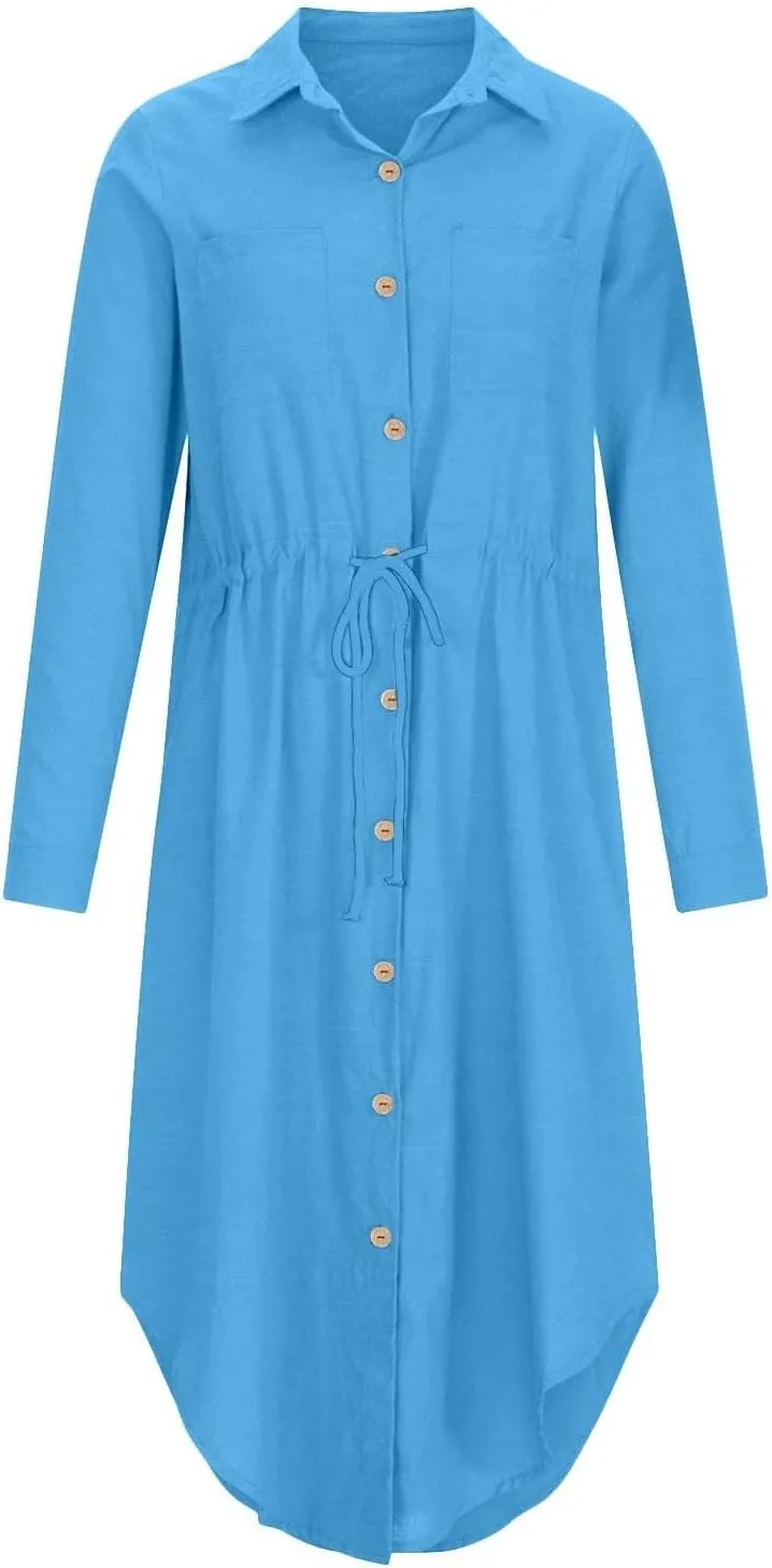 XOWRTE Linen Shirt Dresses for Women Down Drawstring Causal Dress Plain Long Maxi Dresses Trendy Casual Dresses