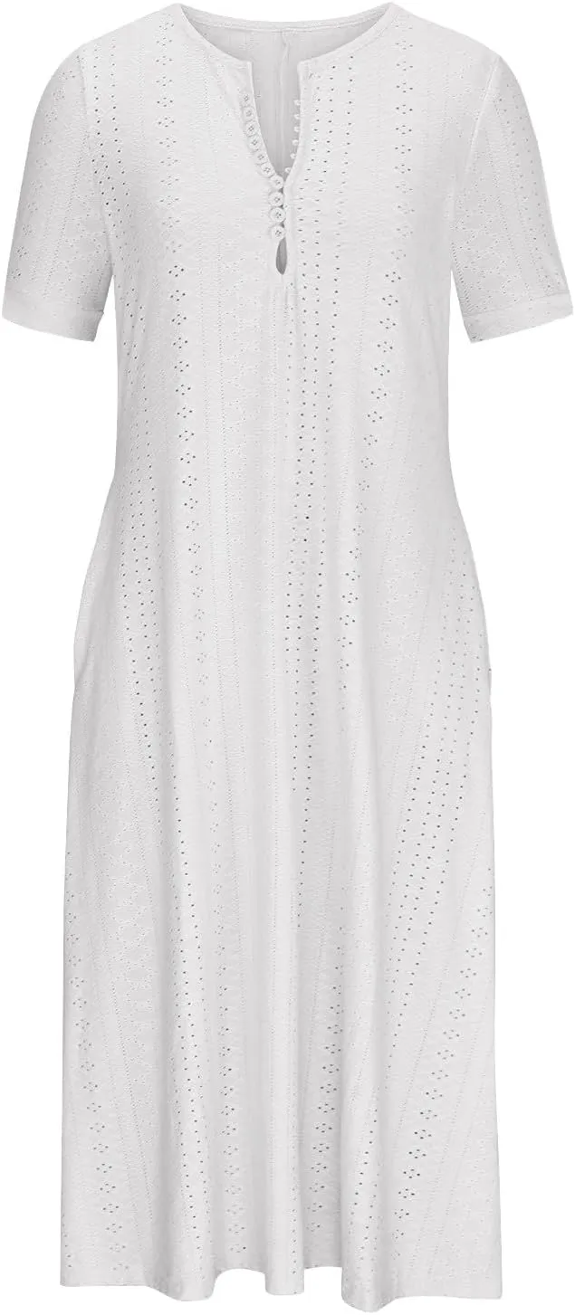 XOWRTE Maxi Long Dresses for Women 2025 Trendy Short Sleeve Eyelet Tshirt Dress Casual Summer Beach Womens
