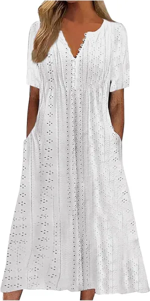 XOWRTE Maxi Long Dresses for Women 2025 Trendy Short Sleeve Eyelet Tshirt Dress Casual Summer Beach Womens