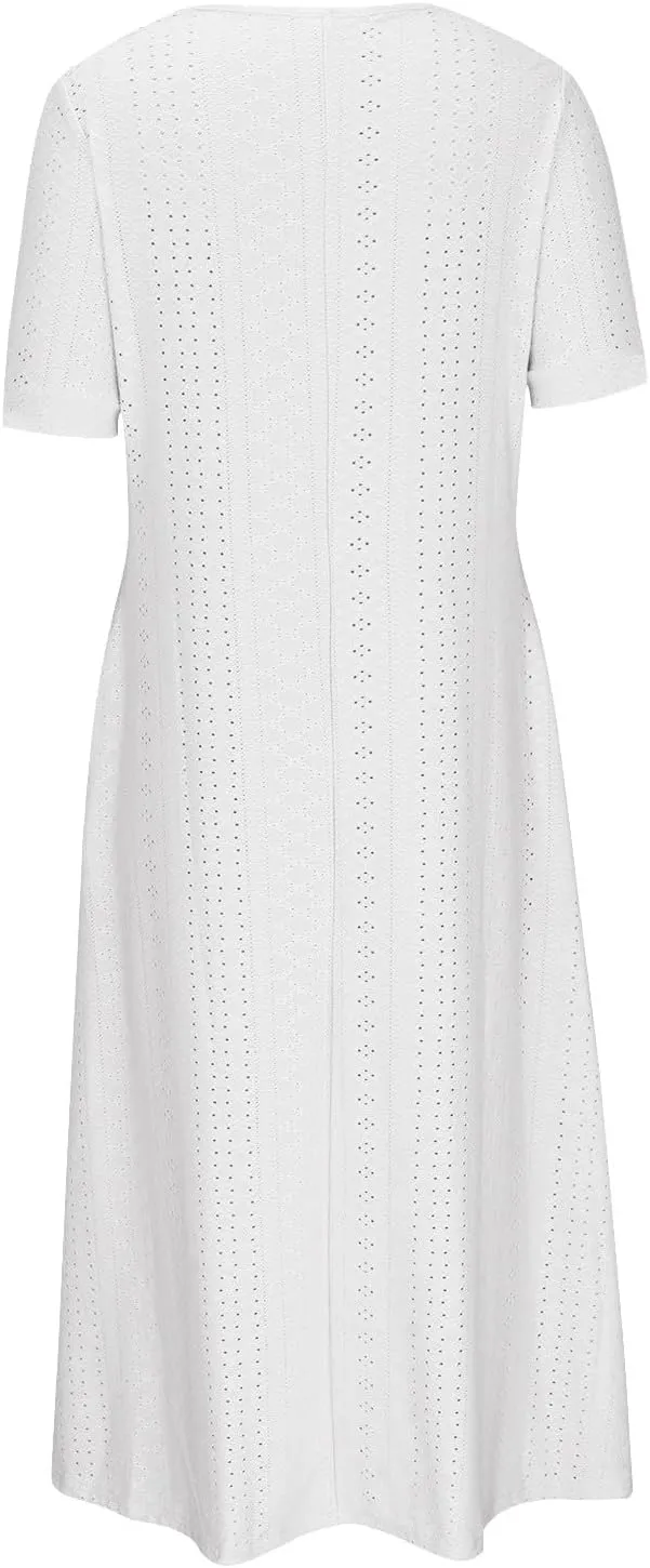 XOWRTE Maxi Long Dresses for Women 2025 Trendy Short Sleeve Eyelet Tshirt Dress Casual Summer Beach Womens