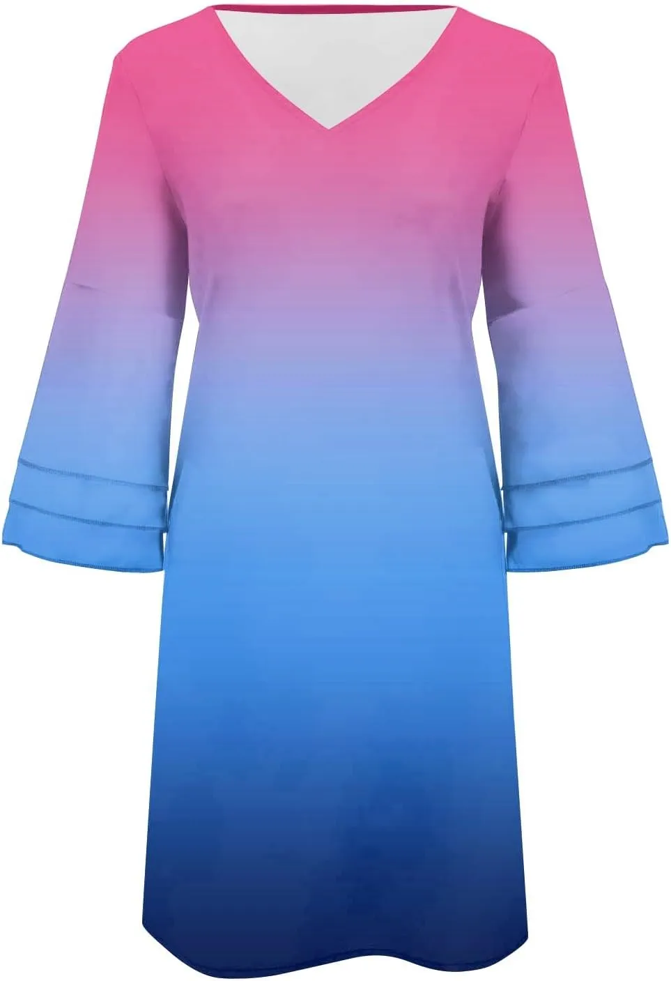 XOWRTE Summer Spring Dress Womens V Neck Cute Shift Dress Bell Sleeve Ruffle Hem Loose Swing Summer Boho Tunic Mini Dress