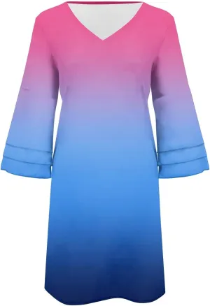XOWRTE Summer Spring Dress Womens V Neck Cute Shift Dress Bell Sleeve Ruffle Hem Loose Swing Summer Boho Tunic Mini Dress