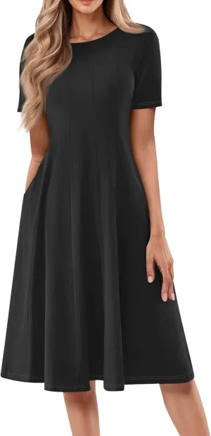 XOWRTE Women Summer Formal Dresses Casual Short Sleeve Midi Dresses Crewneck Solid Color Cocktail Dresses Wedding Guest Dress