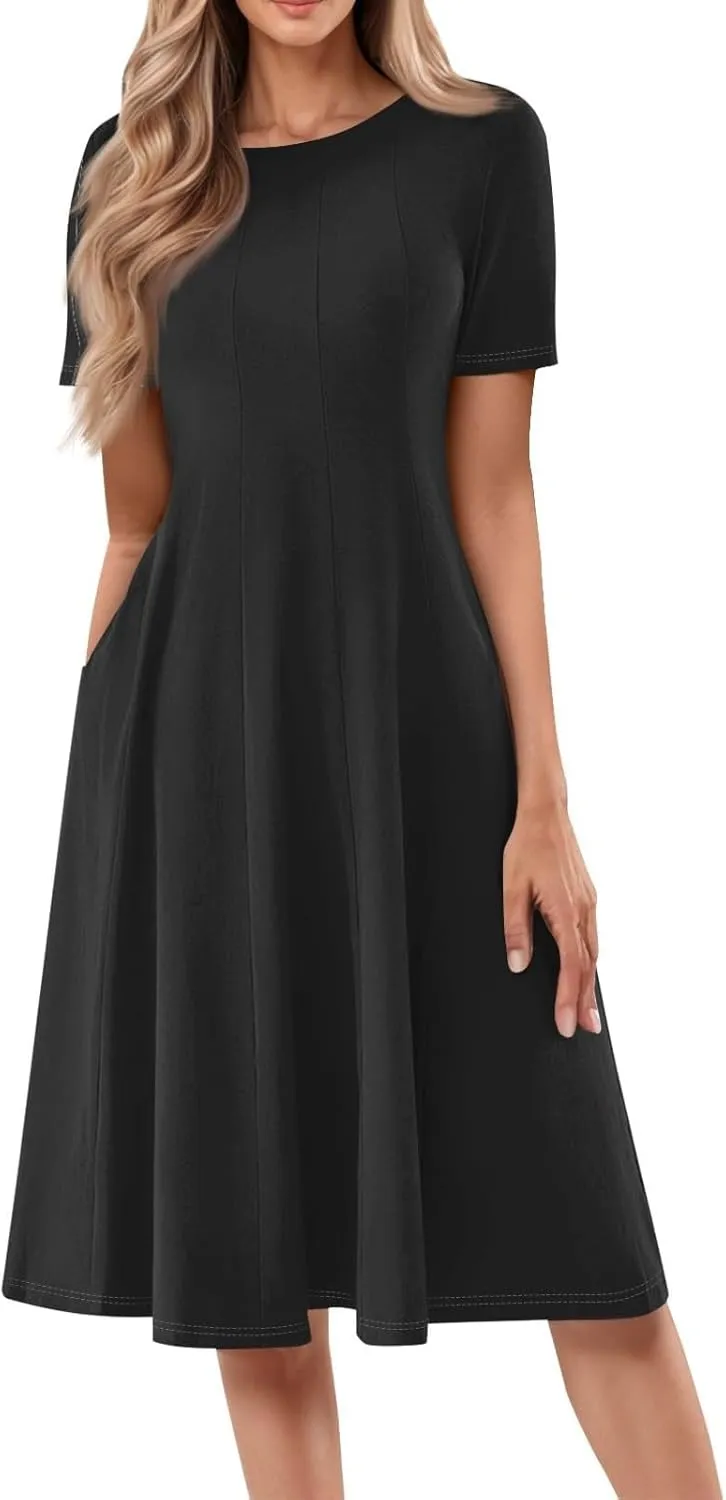 XOWRTE Women Summer Formal Dresses Casual Short Sleeve Midi Dresses Crewneck Solid Color Cocktail Dresses Wedding Guest Dress