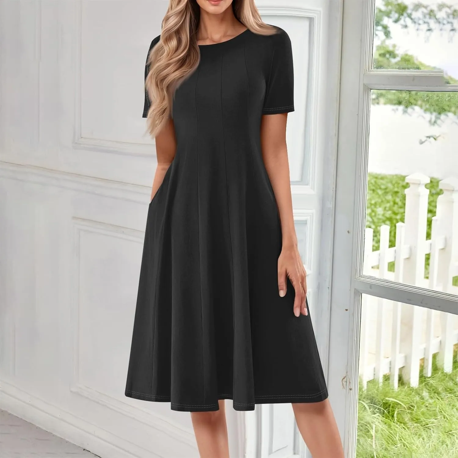 XOWRTE Women Summer Formal Dresses Casual Short Sleeve Midi Dresses Crewneck Solid Color Cocktail Dresses Wedding Guest Dress