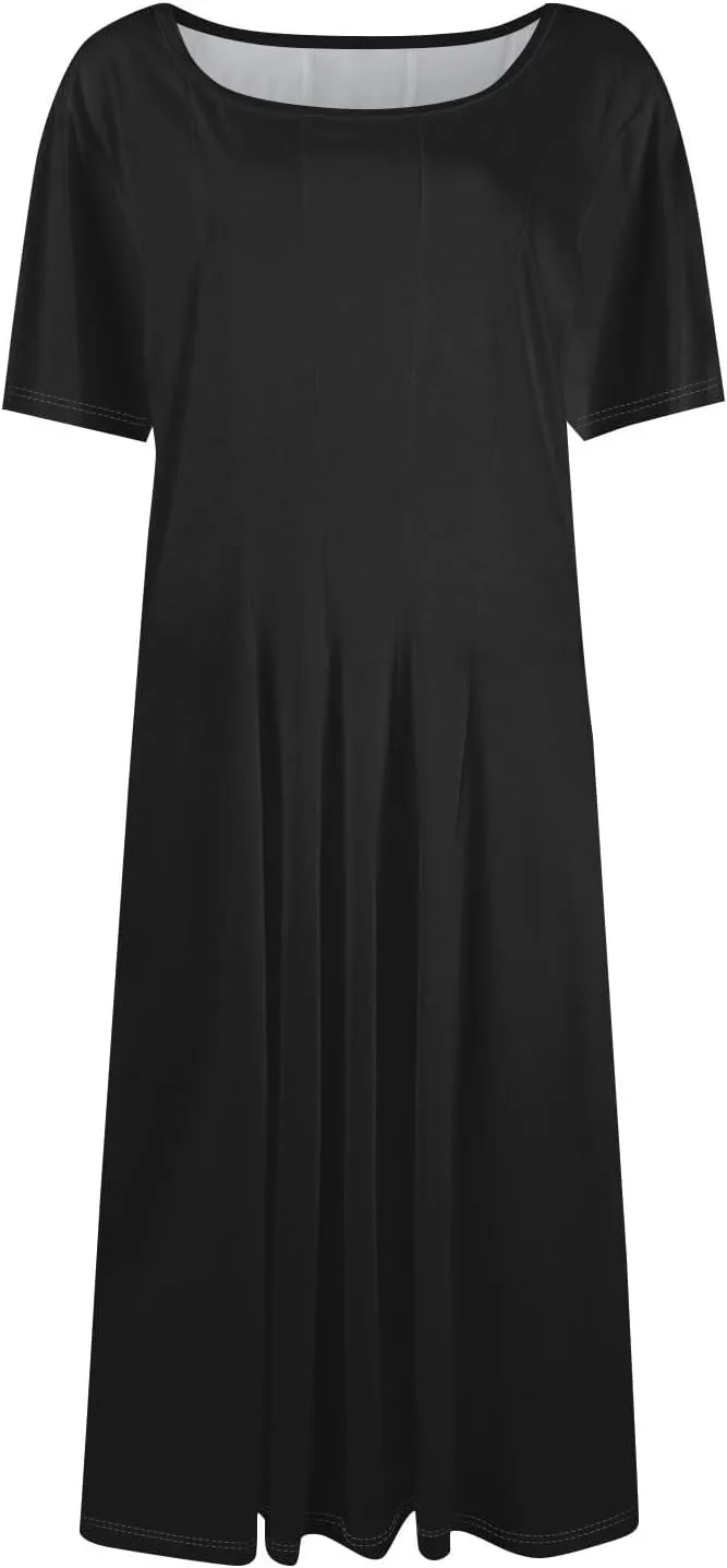 XOWRTE Women Summer Formal Dresses Casual Short Sleeve Midi Dresses Crewneck Solid Color Cocktail Dresses Wedding Guest Dress