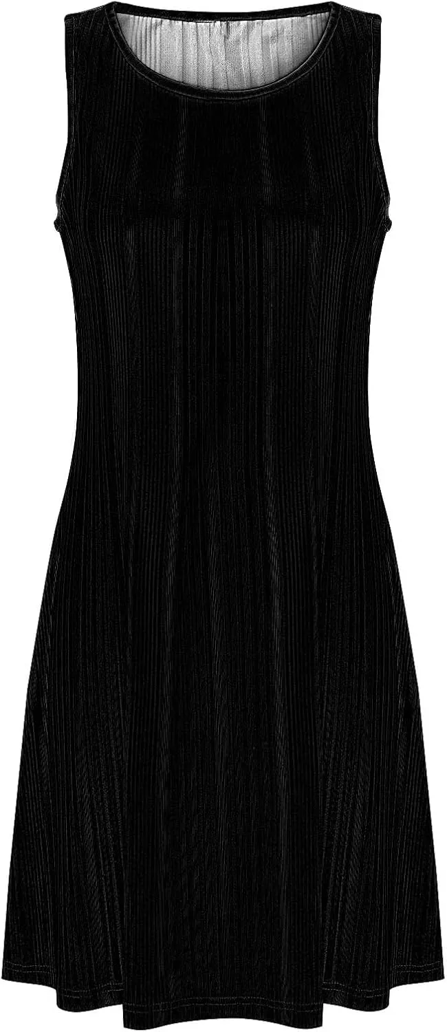 XOWRTE Womens 2025 Summer Sleeveless Mini Dress Crewneck Loose Tank A Line Pleated Swing Flowy Party Dresses Solid Color