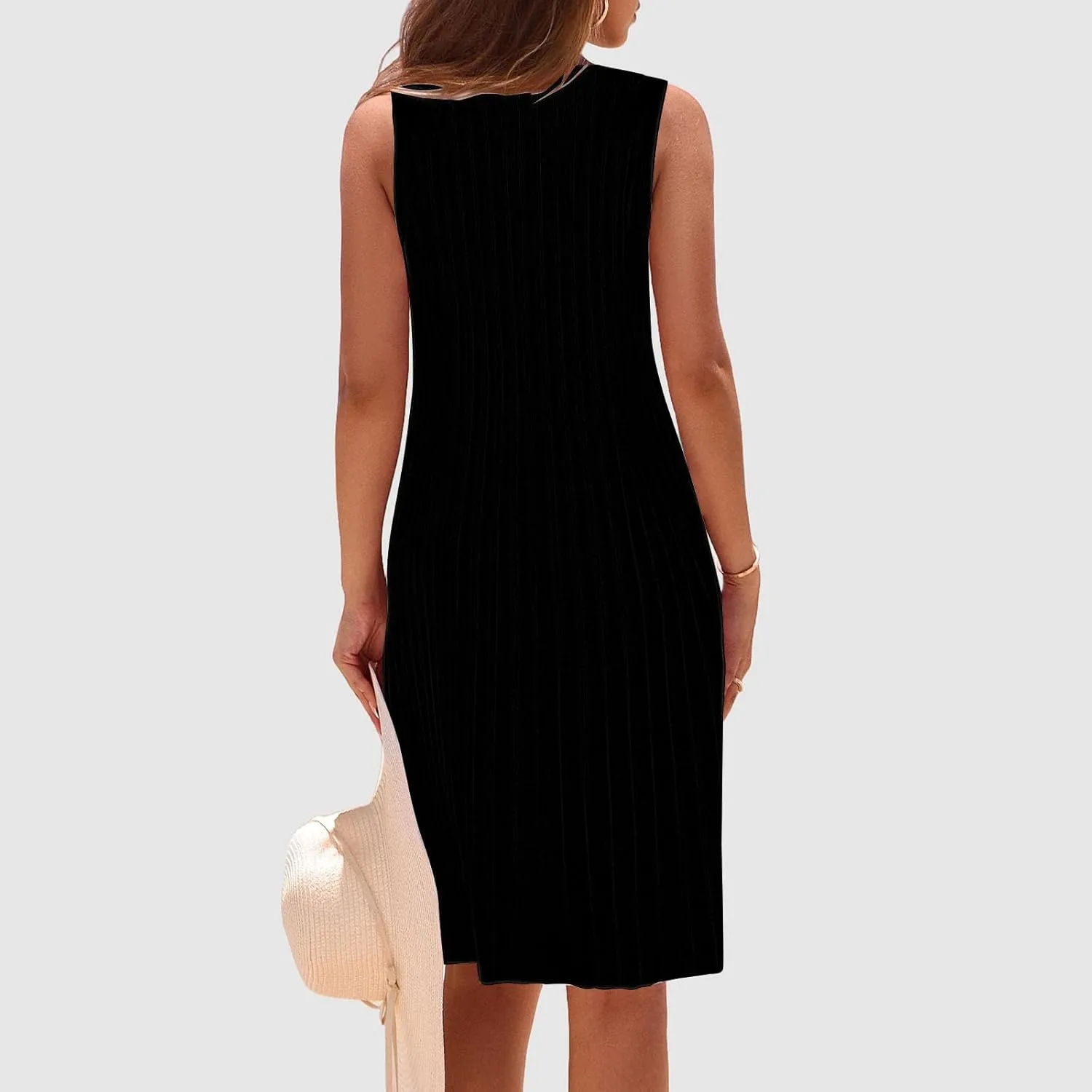 XOWRTE Womens 2025 Summer Sleeveless Mini Dress Crewneck Loose Tank A Line Pleated Swing Flowy Party Dresses Solid Color