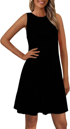 XOWRTE Womens 2025 Summer Sleeveless Mini Dress Crewneck Loose Tank A Line Pleated Swing Flowy Party Dresses Solid Color