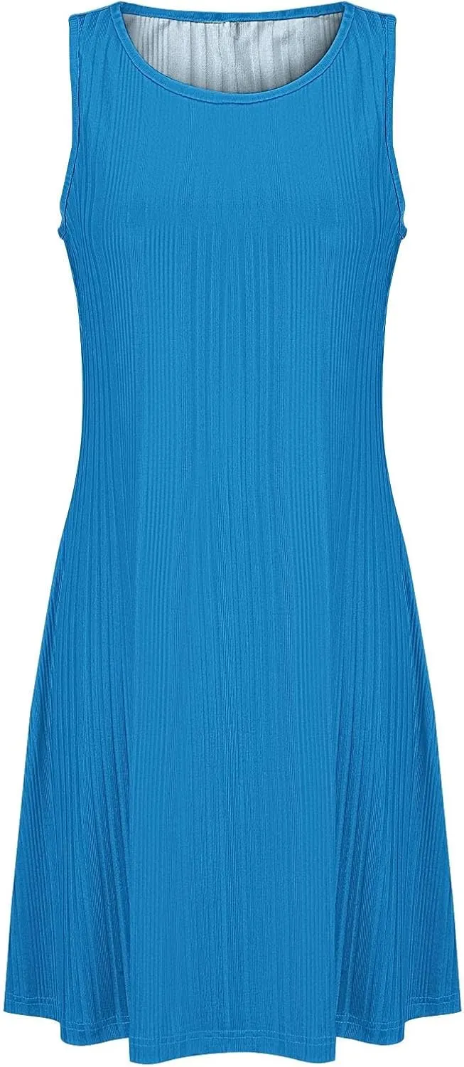 XOWRTE Womens 2025 Summer Sleeveless Mini Dress Crewneck Loose Tank A Line Pleated Swing Flowy Party Dresses Solid Color