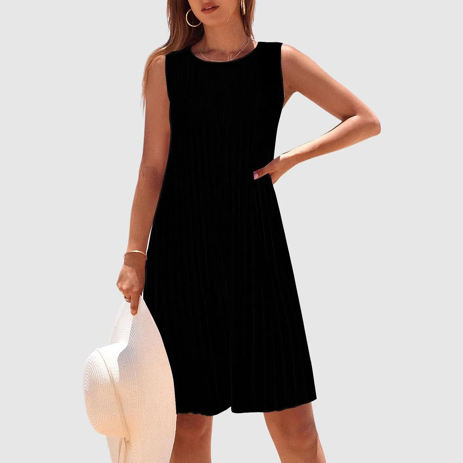 XOWRTE Womens 2025 Summer Sleeveless Mini Dress Crewneck Loose Tank A Line Pleated Swing Flowy Party Dresses Solid Color