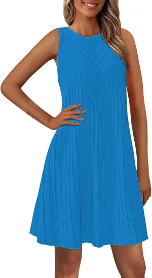 XOWRTE Womens 2025 Summer Sleeveless Mini Dress Crewneck Loose Tank A Line Pleated Swing Flowy Party Dresses Solid Color