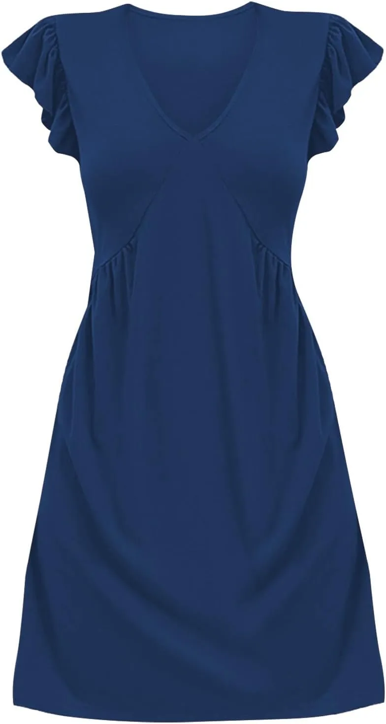 XOWRTE Women's Summer Dresses 2025 Beach Casual Deep V Neck Loose Sundress Ruffle Sleeve Mini Dress A-Line Tunic Dress