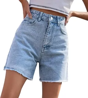 XUETON Bermuda Shorts for Women High Waisted Denim Shorts Straight Leg Raw Hem Jean Shorts Summer Hot Pants with Pockets(Light Blue,Large)