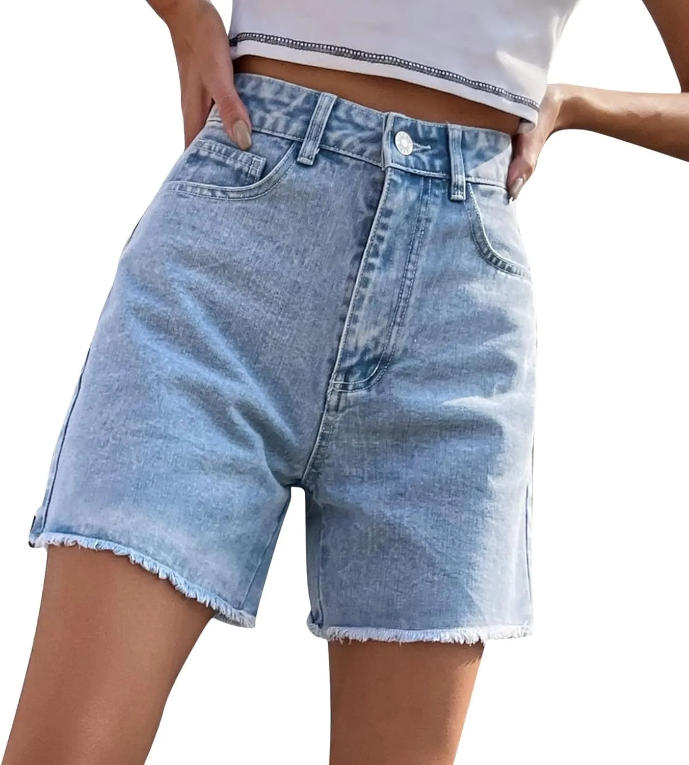 XUETON Bermuda Shorts for Women High Waisted Denim Shorts Straight Leg Raw Hem Jean Shorts Summer Hot Pants with Pockets(Light Blue,Large)