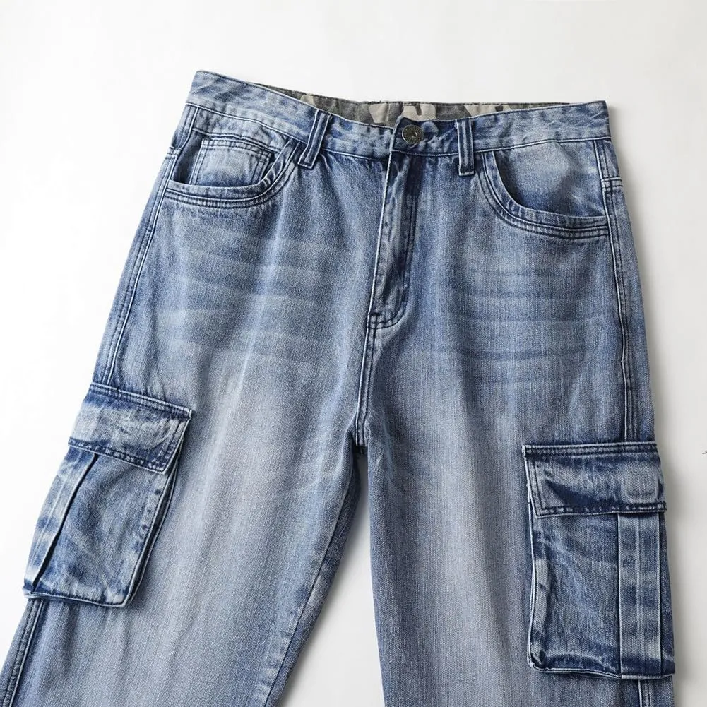 XYGJZ Mens Hip Hop Baggy Jeans Relaxed Fit Skater Cargo Denim Pants Multi-Pockets Motorcycle Pants