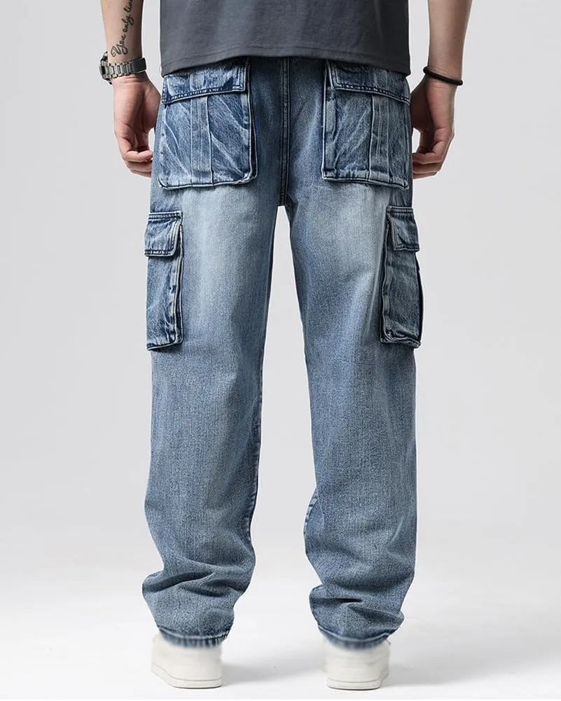 XYGJZ Mens Hip Hop Baggy Jeans Relaxed Fit Skater Cargo Denim Pants Multi-Pockets Motorcycle Pants