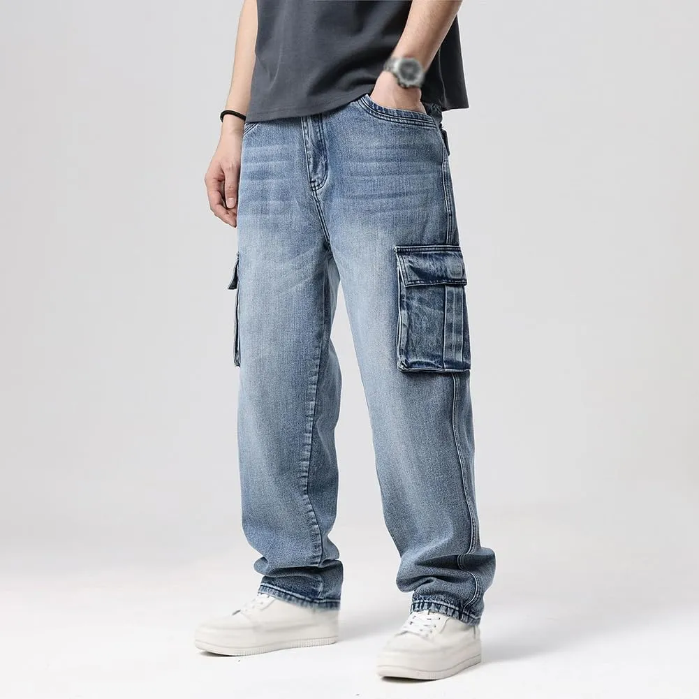 XYGJZ Mens Hip Hop Baggy Jeans Relaxed Fit Skater Cargo Denim Pants Multi-Pockets Motorcycle Pants
